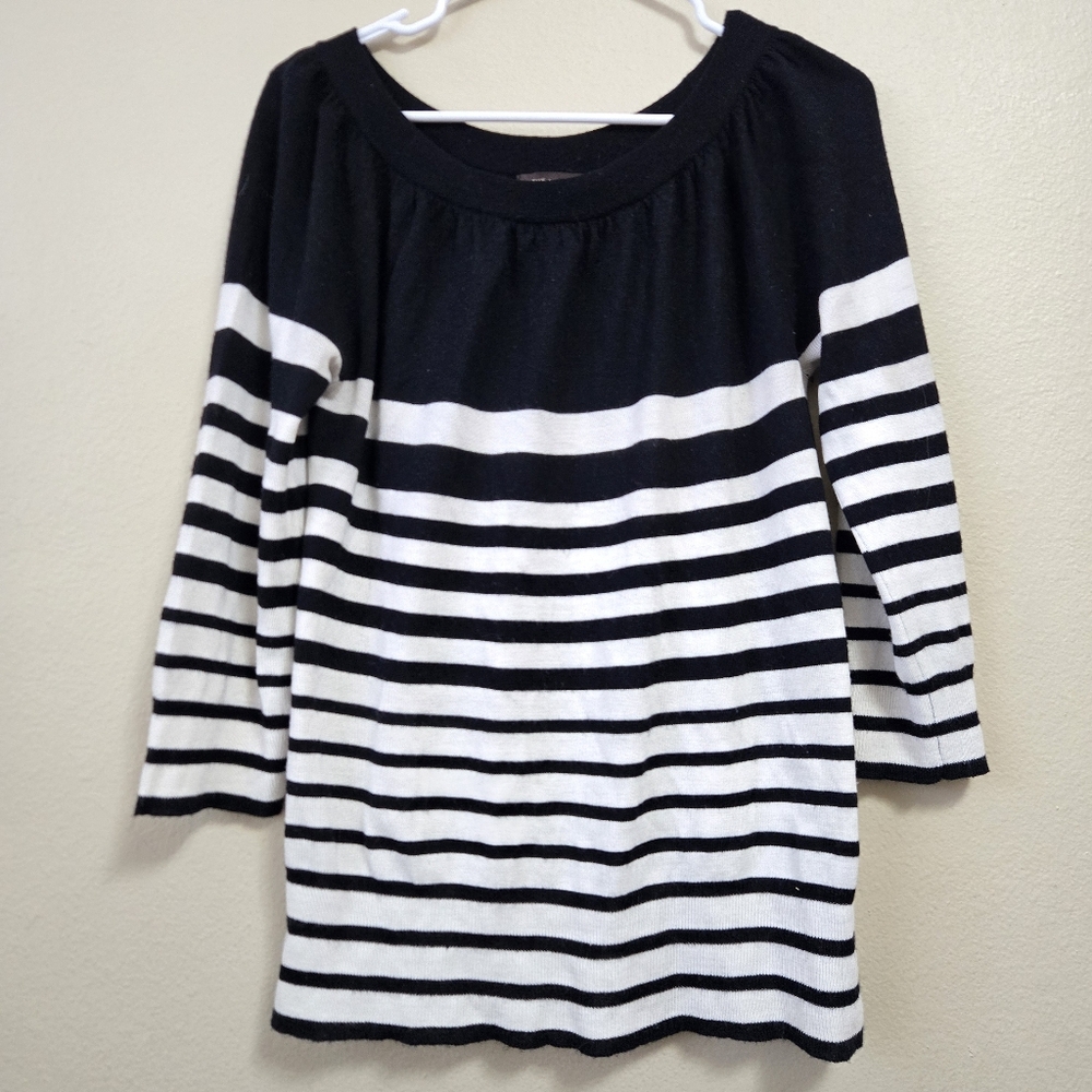 THE LIMITED Merino Wool Black and White Striped‎ 3/4 Sleeve Top Size Large